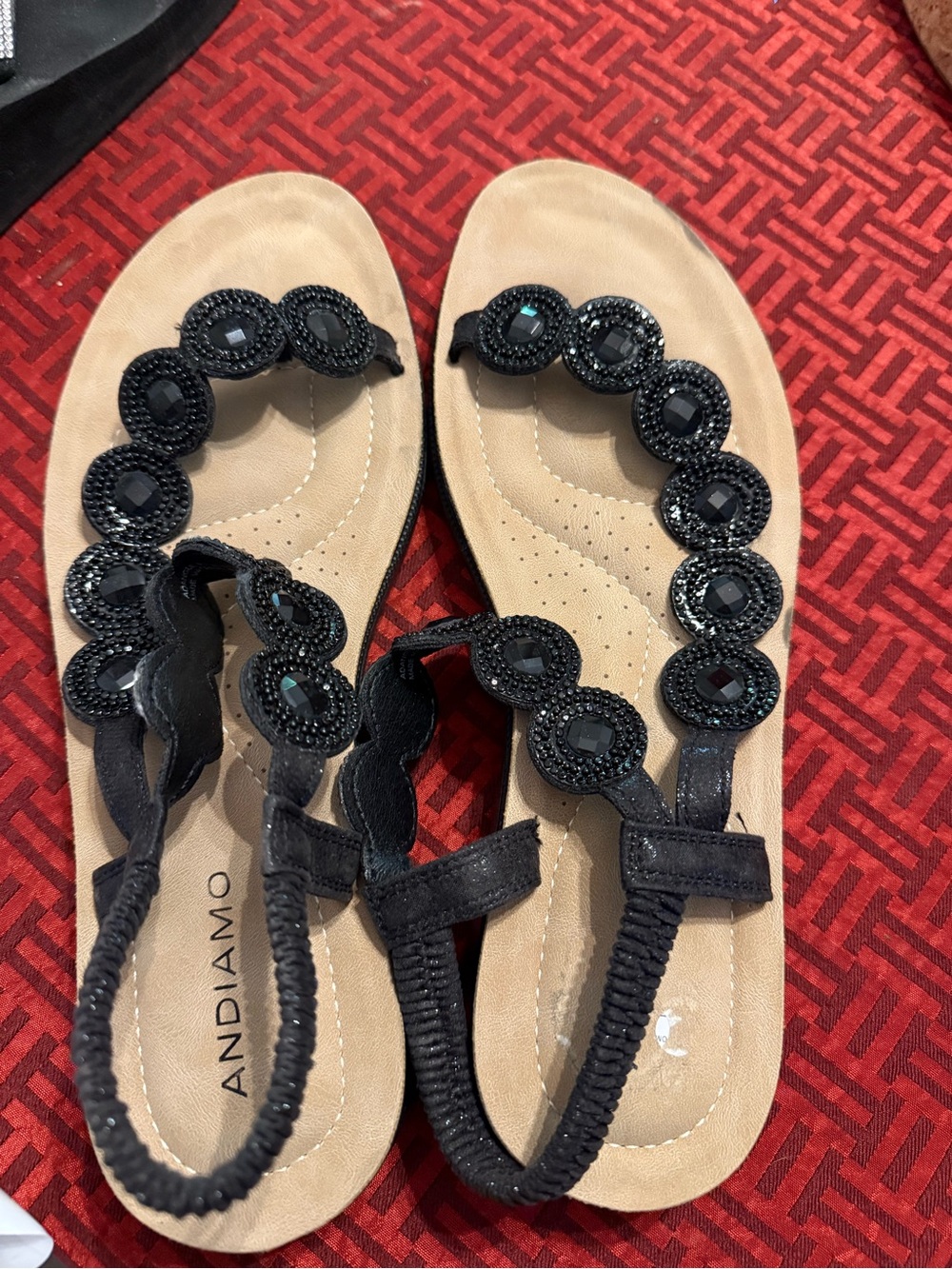 Andiamo Black Beaded T-Strap Sandals